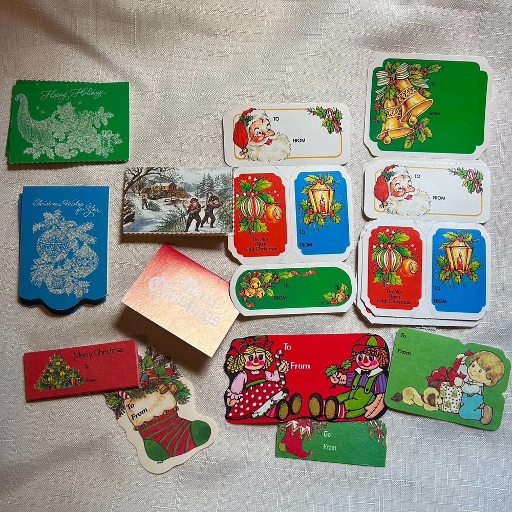 Vintage Christmas Gift Tags Lot Mid Century Santa Bells Unused Paper Ephemera